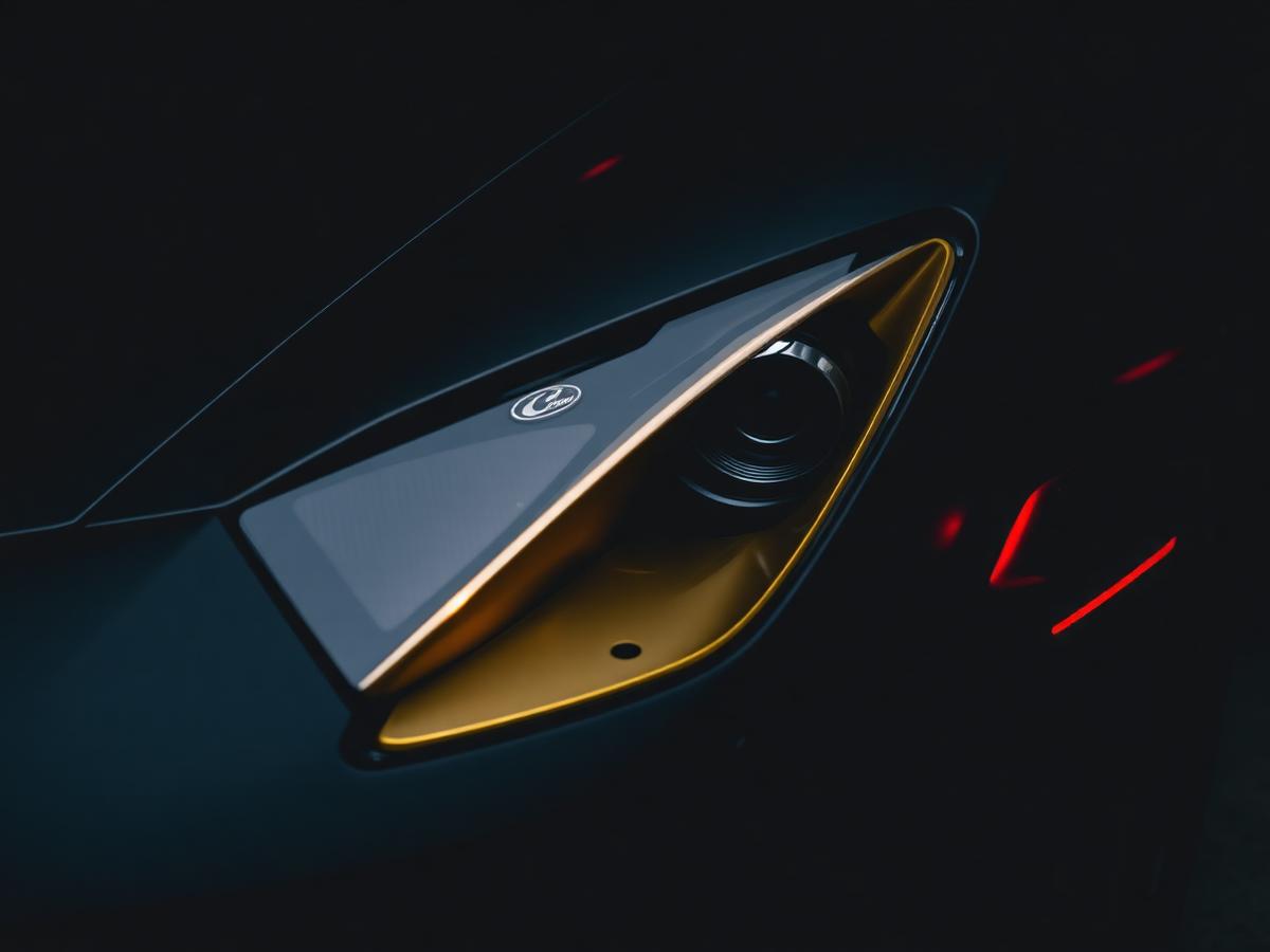 Gold-accented headlight detail of a black exotic car